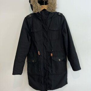 Elvine Women’s Small Black Long Overcoat Parka Jacket Faux Fur Hooded